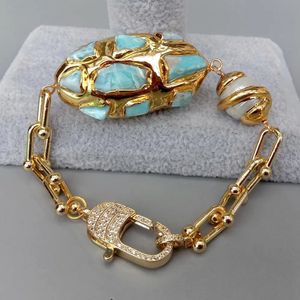 Charm Bracelets YYGEM natural Blue Larimar Chips pave Cultured White Keshi Pearl Gold Plated Chain Bracelet 230928