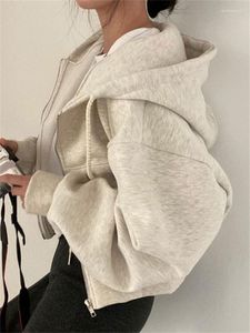 Kadın Hoodies 2023 Vintage Gri Kadın Sweatshirt Coat Katı Kapşonlu Uzun Kollu İnce Kore Moda Gündelik Y2K Stil Sonbahar Kadın Tops Emo