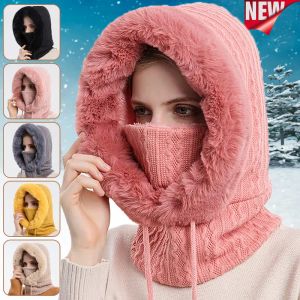 Engrossar chapéu de inverno para mulheres meninas com capuz máscara facial fluff mais quente gorro feminino de malha chapéu preto cashmere hoodies lenço de pescoço