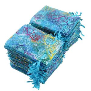 100 Stück blaue Korallen-Organza-Beutel, 9 x 12 cm, kleine Hochzeitsgeschenktüte, süße Süßigkeiten-Schmuck-Verpackungsbeutel, Kordelzug-Beutel282B