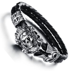 Moda europea punk teschio night club acciaio inossidabile braccialetto in vera pelle di vacchetta braccialetto da uomo gioielli regalo regalo247P