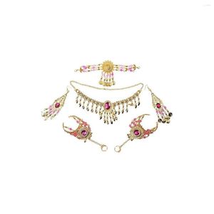 Halskette-Ohrringe-Set für Damen, Brautparty, Kostüm, Kopfschmuck, Handschmuck, Rosenrot