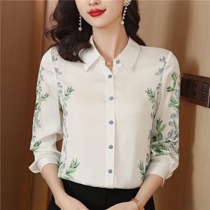 Elegant Printed Satin White Shirts Women Fashion Designer Vintage Silk Long Sleeve Graphic Blouses 2023 Autumn Winter Lapel Button Up Shirts Plus Size Simple Tops