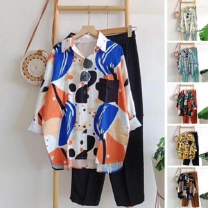 Women's Two Piece Pants Stylish Spring Blouse Trousers Set Loose Suit Turn-down Collar Rich Colors Lady Outfit Match Shoes