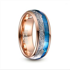 Anéis de cluster 8mm de largura anel de carboneto de tungstênio rosa ouro incrustado concha azul meteorito seta cúpula aço casamento homens jóias12516