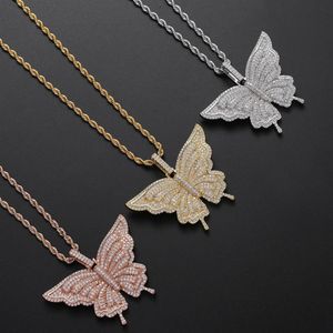 Gold Silver ColorBling CZ Stone Butterfly Pendant Necklace for Men Women with 24inch Rope Chain Nice Gift for Friend2772