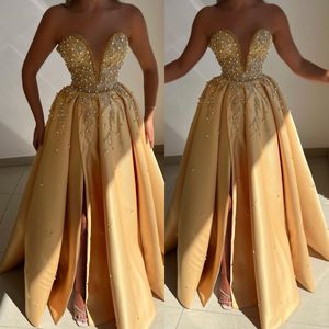 Gold Sweetheart A Line Evening Dresses Crystal Sequins Pearls Illusion Sweetheart Formal Party Prom Dress Split Dresses for special occasion