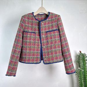 レディースジャケット韓国ヴィンテージレッド格子縞の織られた小さな香りのあるウィンドコート秋のスリムシングルブレストウールトップメスカサコ