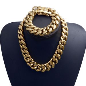 22mm Exaggerated Super-Wide Men Cuban Link Chain Jewlery Set Hip Hop Stainless Steel Choker Necklace Bracelet 18K Gold Plated 16&q232P