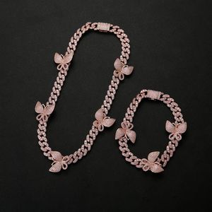 10mm iced out bling cz Miami cuban link chain Butterfly charm choker necklace hip hop women jewelry151a