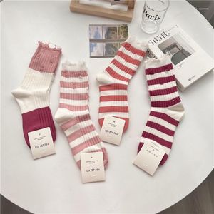 Women Socks Female Spring And Autumn Super Fire Pink Stripe Ripped Beggar Hole Pile