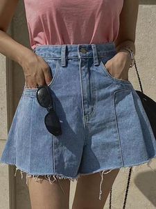 Pantaloncini da donna a pieghe nappa spazzolata denim per le donne moda tasca a vita alta un bottone streetwear jeans corti 2023 estate Y671