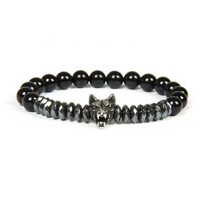 NOWE MĘŻCZYZN Silver Bransoletka Brzepły Whole 10pcs Partia Stal nierdzewna Wolf Bracelety z 8 mm kamienne koraliki z koralikami biżuteria na prezent242R