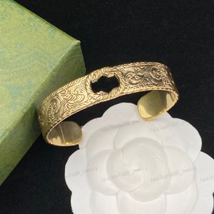 Gold Wide Cuff bracelet, brass material vintage carved Flowers and plants double Alphabet designer bracelet, fashion personality, Valentine's Day, Christmas