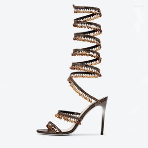 Sandals Arden Furtado Summer Women Silk Round Toe Open Stilettos Heels Serpentine Rhinestone High Help Sexy Party