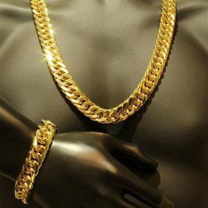 Mens Thick Tight Link 24k Yellow Gold Filled Finish Miami Cuban Link Chain and Bracelet Set 1 0cm wide 24 inches 9 inches339t