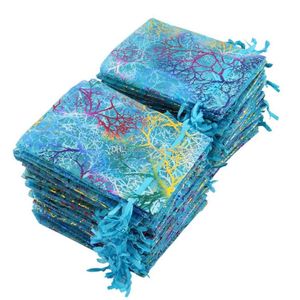 100st Blue Coral Organza Bags 9x12cm liten bröllopspresentpåse söta godis smycken förpackningspåsar dragskonpås178r