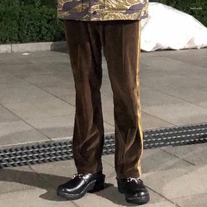 Men's Pants NEEDLES Cotton Velvet Yellow Webbing Track Stripe Butterfly Embroidery Sweatpants Men Women Oversized Brown Trousers