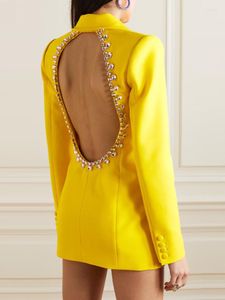 Women's Suits Yellow Backless Diamond Blazer Dress 2023 Fashionable Personalized Open Back Bead Studded Mid Length Suit Coat Jacket Women