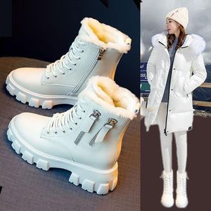 Botas neve sapatos de pelúcia femininos no inverno de 2023 tornozelo quente grosso algodão pele couro preto