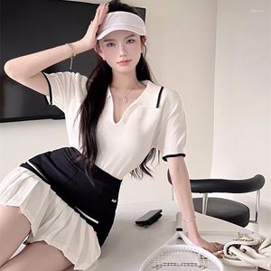 Suéteres femininos 2pcs estilo coreano esportes camiseta saia terno branco camisola de manga curta mulheres verão top sexy plissado conjunto de duas peças