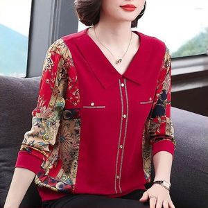 Blusas femininas vintage floral impresso retalhos blusa casual primavera outono roupas gola virada para baixo moda diamantes botão camisa