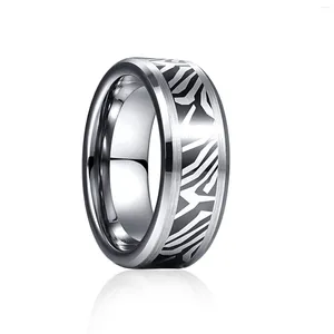 Alianças de casamento prata cor carbono para homens 8mm padrão zebra anel de aço de tungstênio