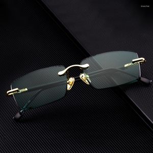 Güneş gözlüğü yeşil rimless cam adam doğal kristal taş güneş gözlükleri kadın mineral lens metal çerçeve anti çizik üst kalite