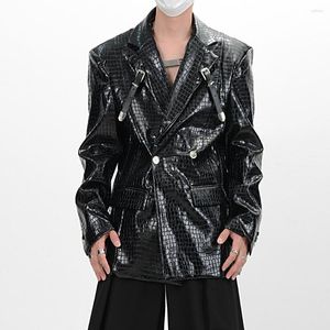 Men's Suits Crocodile Pattern Shoulder Pads Leather Suit Coat Men Streetwear Oversize Loose Casual High Quality Blazers Jacket
