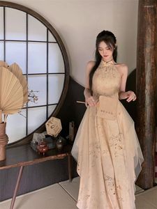 Этническая одежда 2023, желтое ажурное платье Cheongsam, модное тонкое, элегантное, традиционное, с открытой спиной, винтажное платье без рукавов Qipao
