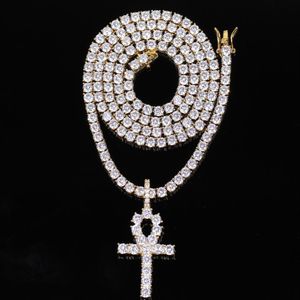 Hip Hop Iced Zircon Ankh Cross Pendant With 4mm Tennis Chain Necklace Set Micro Pave CZ Stones Men Jewelry2786