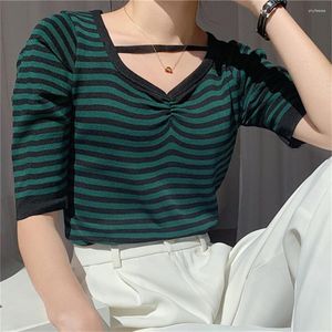 Kvinnors tröjor Plamtee Thin Summer Short Sleeve Women Tops Stripes Casual Puff Fashion Slim V-Neck Chic All Match Sweet Tees