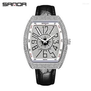 Relógios de pulso moda sanda top personalizado tonneau quartzo homens relógio diamante caso 30m impermeável pulseira de couro genuíno luminoso