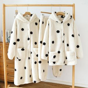 Kvinnors sömnkläder Autumn Winter Flanell Pyjamas sätter nattklänning polka prickar långärmad huva mjuk varm förtjockad hemdräkt för kvinnor