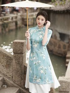 Ethnic Clothing FZSLCYIYI Autumn Floral Printed Satin Cheongsam Classic Seven Points Sleeve Women Aodai Qipao Chinese Femme Dress