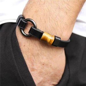 100%Natural Tiger Eye Stone Chakra Jewelry Charm Stainless Steel Men's Genuine Leather Braclets Natural Bracelet Whole Be236b