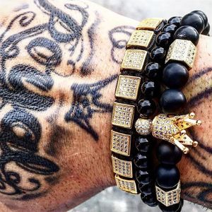 3 pçs conjunto pulseira masculina contas de pedra natural ouro charme pulseira de luxo masculino hexágono coroa charme trança pulseiras masculino jóias presente 290d