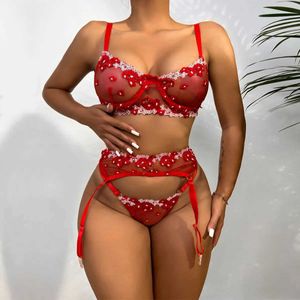 Sexy Set Applique Damenunterwäsche Dessous Set sexy BH mit Knochen 3 Stück Transparent Exotic 230808