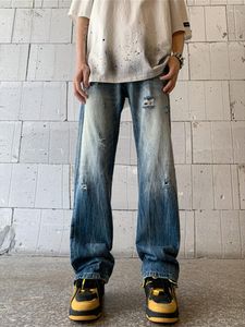 Jeans masculinos yihanke primavera americana e outono masculino retro tendência solta costura de alto nível calças retas y2k roupas