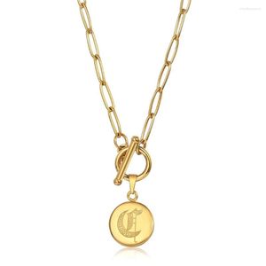 Pendant Necklaces Initial Letter Necklace For Women Gold Color Disc Coin Charm Stainless Steel Paperclip Link Chain Gift DDN257