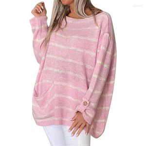 Maglioni da donna con spalle scoperte Pullover larghi lavorati a maglia Autunno Inverno Manica lunga Girocollo Maglione a righe di colore a contrasto Vintage Streetwear