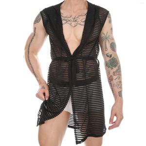 Homens sleepwear preto branco mens transparente listrado com capuz solto robe com cinto cor sólida sem mangas frente aberta loungewear ginásio esportes