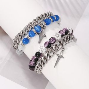 Charm Bracelets Natural Stone Hexagram Pendant Charms Opal Amethyst 8MM Gem Bead Stainless Steel Chain Bracelet For Women Men