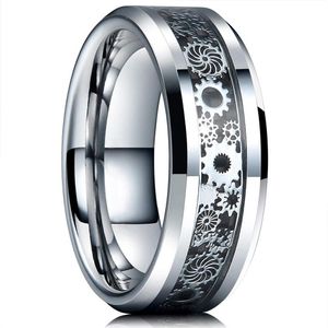 Vintage Silver Color Gear Wheel rostfritt stål Män ringer Celtic Dragon Black Carbon Fiber Inlay Ring Mens Wedding Band213s