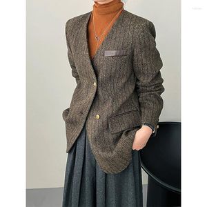 Women's Suits 75% Wool Premium PU Spliced Blazer Jacket V-neck Herringbone Pattern Coat