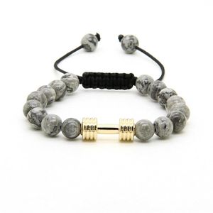 Sport Energy Bracelets Whole 8mm Grey Jasper Stone Beads With New Barbell Fitness Dumbbell Macrame Bracelets for Men232t