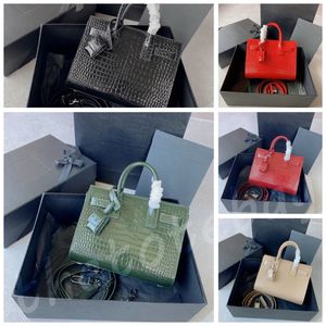 Top Sac de Jour Bag Nano geprägtes Krokodil glänzender Lederbeutel mit röhrenförmigen Griffen kleine Handtasche oxidierte Nickelhardware -Tasche Frauen Männer Messing Füße Geldbeutel 23