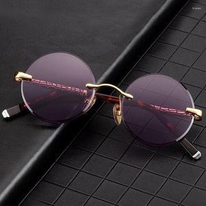 Sunglasses Purple Crystal Stone Glass Man Rimless Round Sun Glasses Woman Mineral Lens Acetate Frame Anti Scratch Top Quality