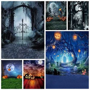 Bakgrundsmaterial Halloween Fotografi Bakgrund Pumpkin Lantern Night Bat Moon Backdrop Family Party Decoration Props Banner för Photo Studio YQ231003