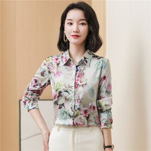 Camisa de cetim de seda floral rosa feminina clássica lapela vintage botão acima blusas 2023 outono inverno manga longa simples moda camisa escritório senhoras doce chique pista topos